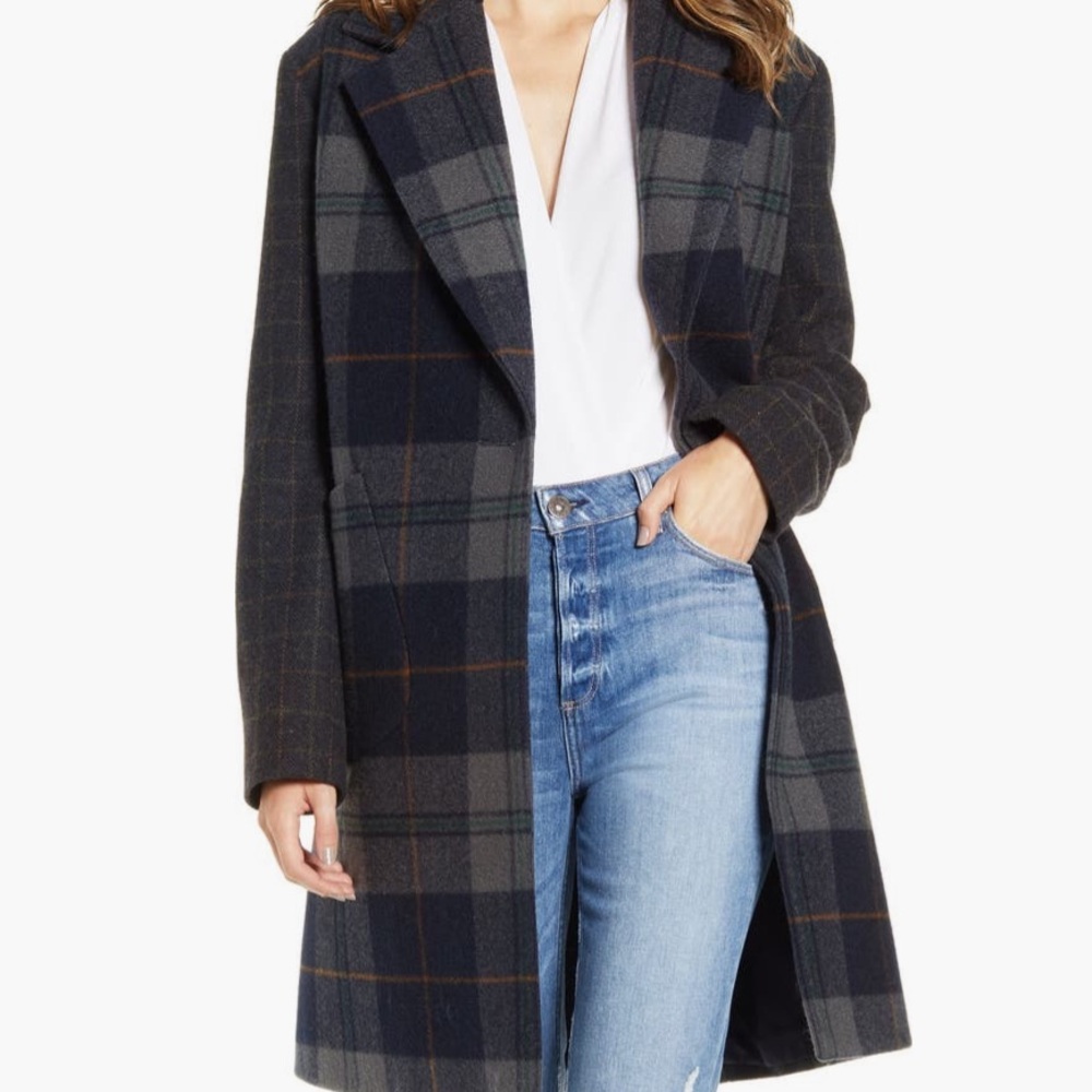KENDALL & KYLIE BLUE PLAID PATCHWORK BRUSHED WOOL MIDI COAT S PETITE ANTHROLOGIE